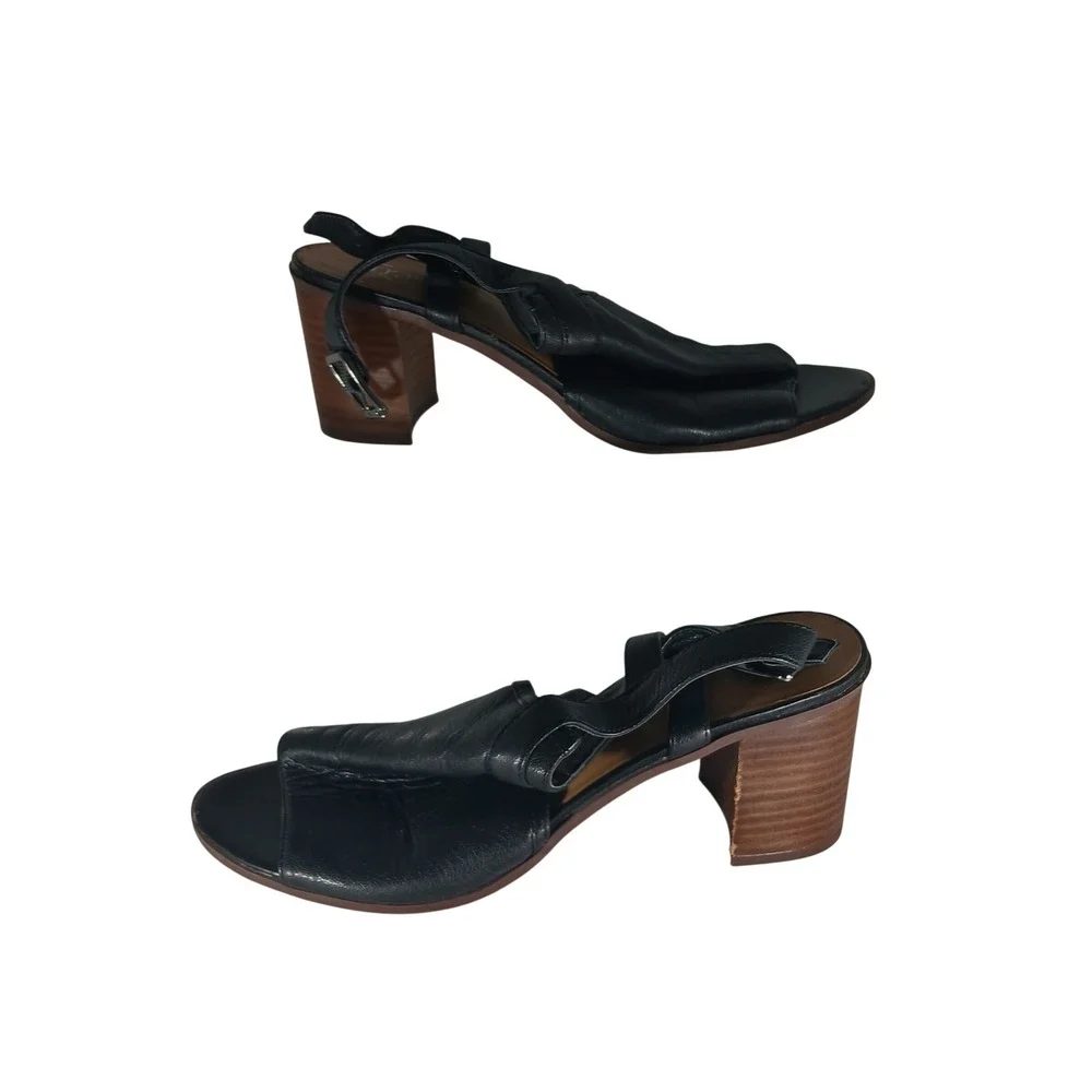 Franco Sarto Harlet Block Heel Sandals 9M Black Leather Asymmetrical Slingback